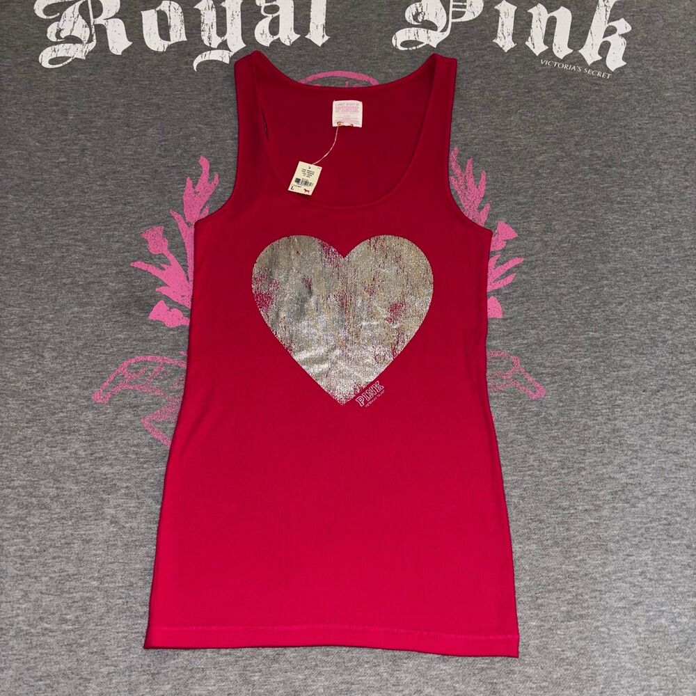 NWT VS PINK Magenta Hot Pink Ribbed Tank Top A Line Silver Heart Y2K Size Large